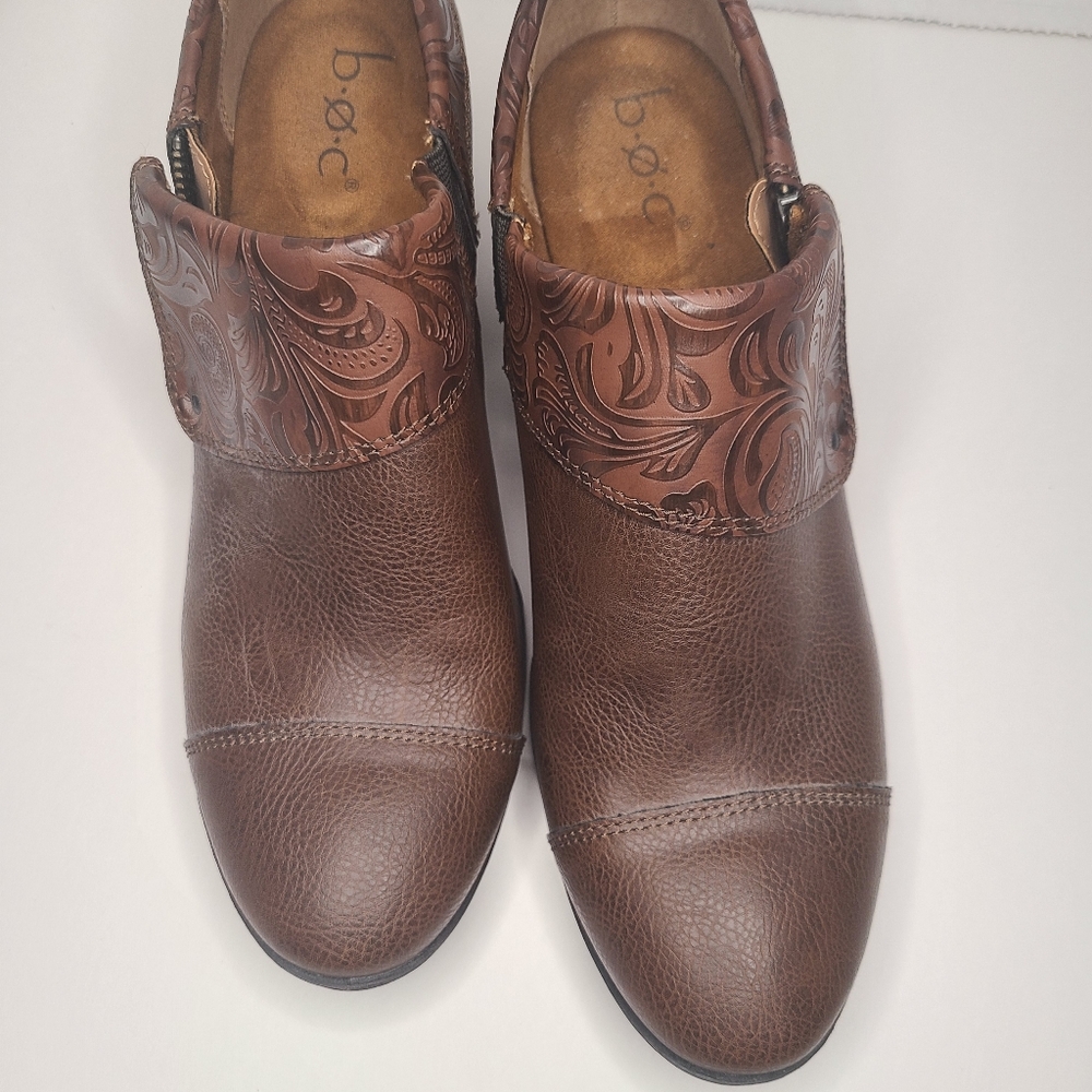 b.o.c. Brown Embossed Leather Ankle Booties